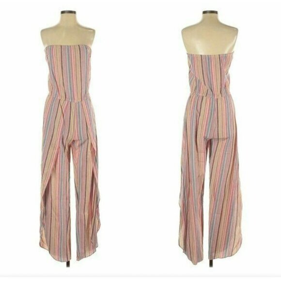 Striped Strapless Jumpsuit By Drew Womens XL Multicolor Rayon Linen Cotton Blend - Picture 1 of 9
